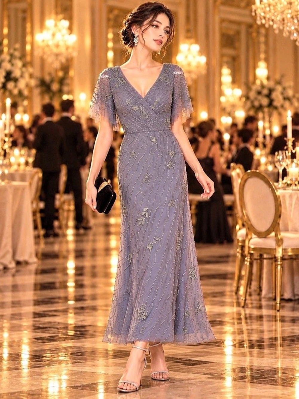 Adrianna Papell Beaded Flutter Sleeve Gown Dusty Lavender Gray Formal Dress - Picture 3 of 8